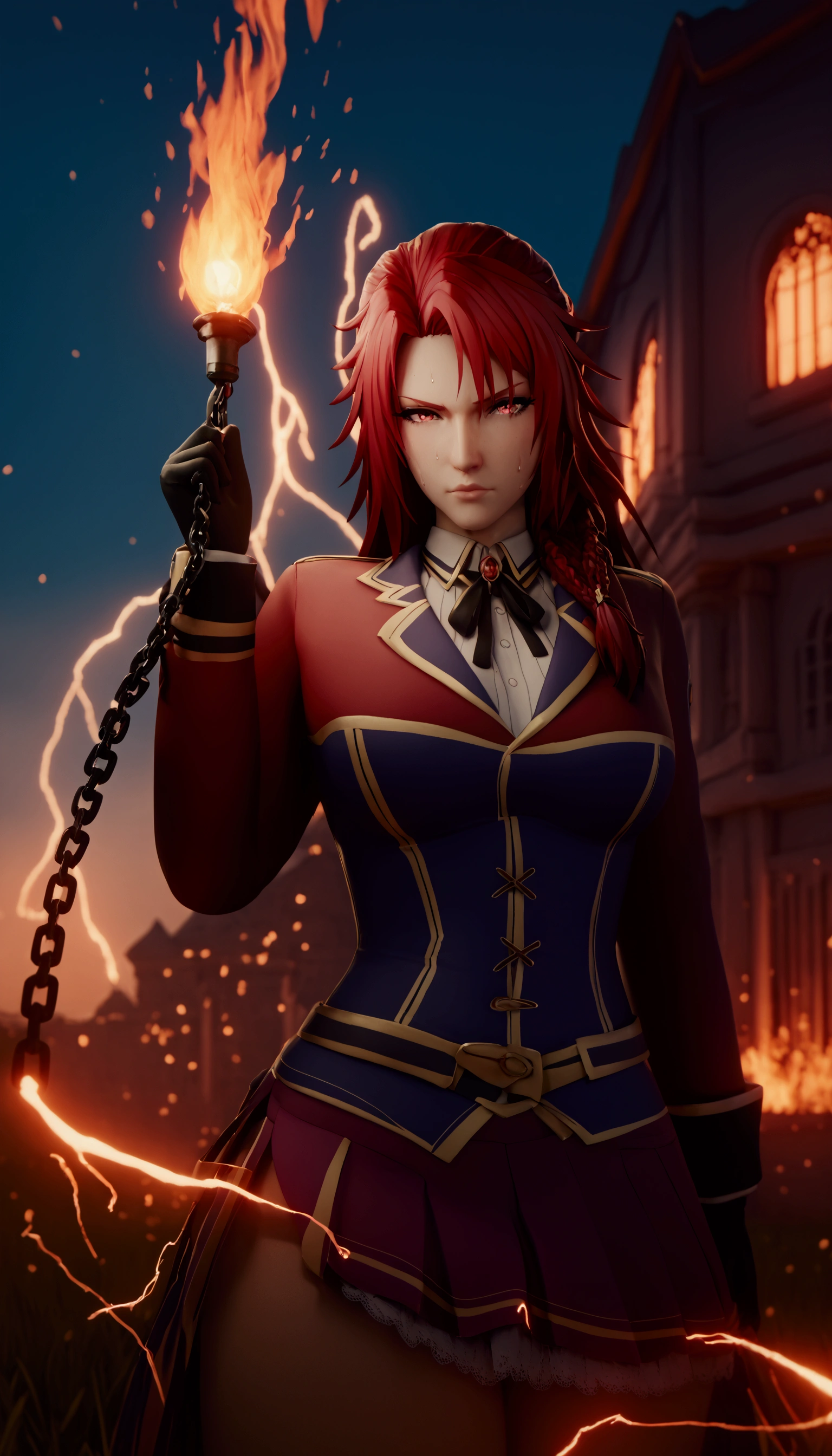 score_9, score_8_up, score_7_up, score_6_up, uncensored, score_9, score_8_up, score_7_up, score_6_up, score_5_up, score_4_up, uncensored, iris midgar, red hair, long hair, braid, red eyes, BREAK glow effects, godrays, Hand drawn, render, 8k, octane render, cinema 4d, blender, dark, atmospheric 4k ultra detailed, cinematic, Sharp focus, big depth of field, Masterpiece, colors, 3d octane render, 4k, concept art, trending on artstation, hyperrealistic, Vivid colors, extremely detailed CG unity 8k wallpaper, trending on CGSociety, Intricate, High Detail, dramatic, excessive sweating, sweating profusely, sweating drop BREAK, collared shirt, long sleeves, black ribbon, neck ribbon, vertical-striped shirt, black corset, dark red skirt, pleated skirt, frilled skirt, 1girl, gloves, backlighting, bokeh, field, looking at viewer, gloomy expression, electricity, holding chain, fire