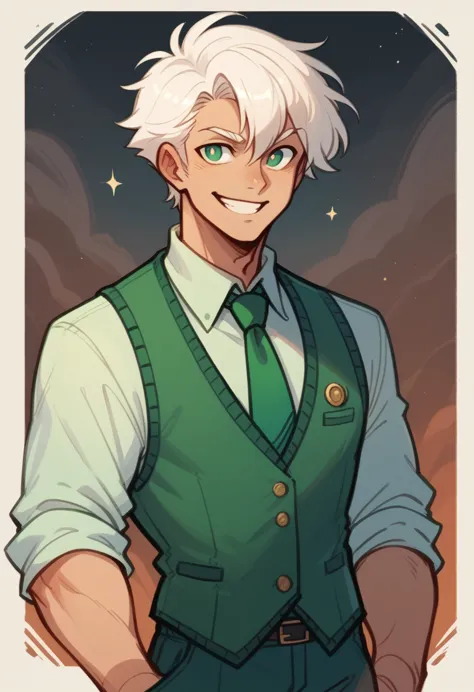 human male, white hair , green pupils ,(( concept art )) ,smile , vest , green tie