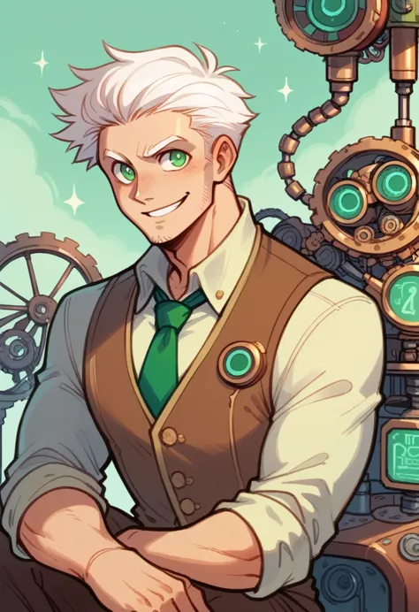 human male, white hair , green pupils ,(( concept art )) ,smile , brown vest , green tie ,electro swing ,steampunk