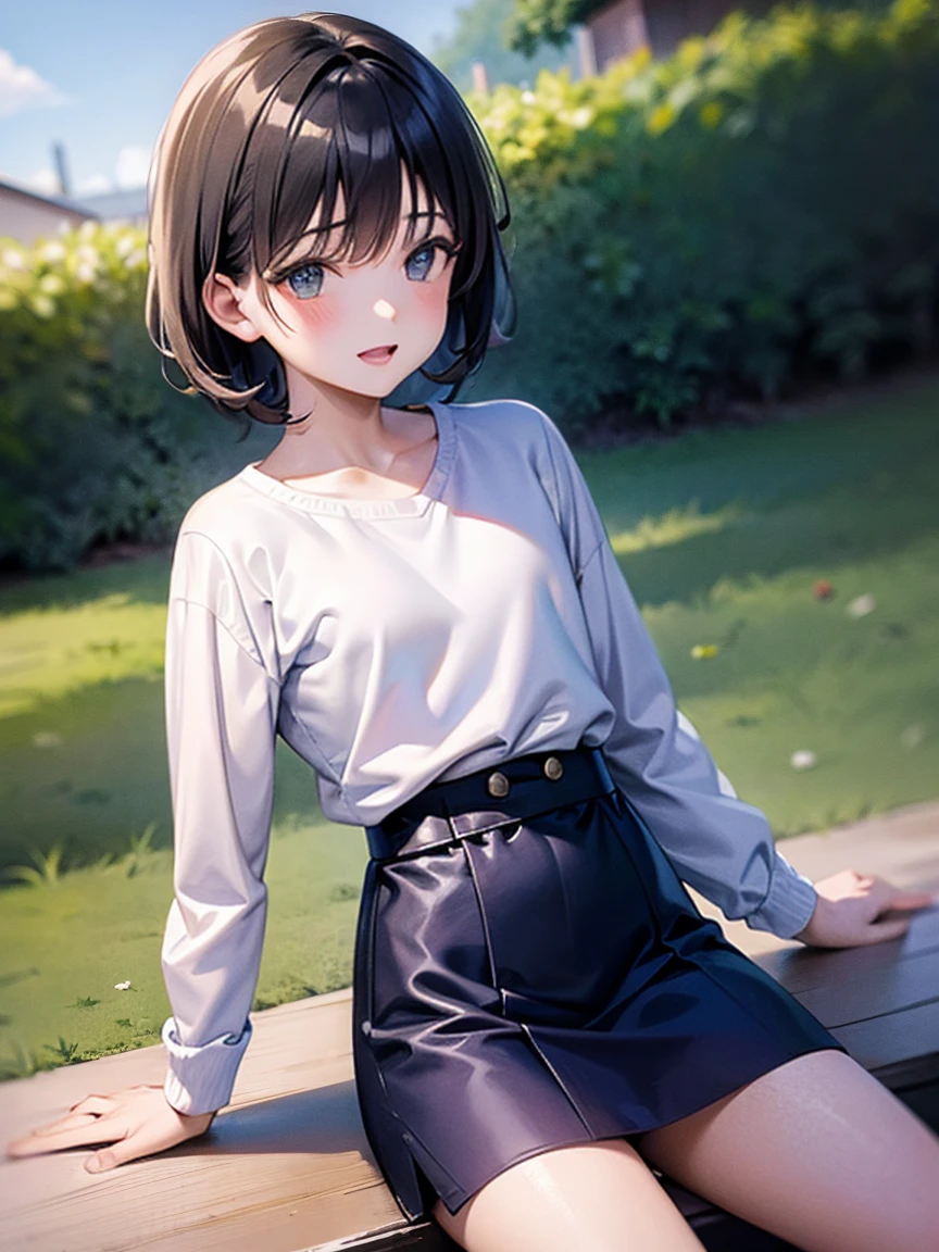 (high quality, High resolution, Very detailed, reality:1.37), Peaceful atmosphere,  One person、, Navy blue crew neck mohair knit sweater, ((small breasts))、Medium Hair, Unkempt brown hair, blush, Shy big eyes, Deep blue eyes, Complex pupil, Intricate weaving, Beautiful details, smile, pencil skirt, Navy blue socks, sneakers、The wind is blowing、Looking at this、On the street、flashy illumination，flashy illuminationが輝く巨大なクリスマスツリー， masterpiece, From the side, Laughter,