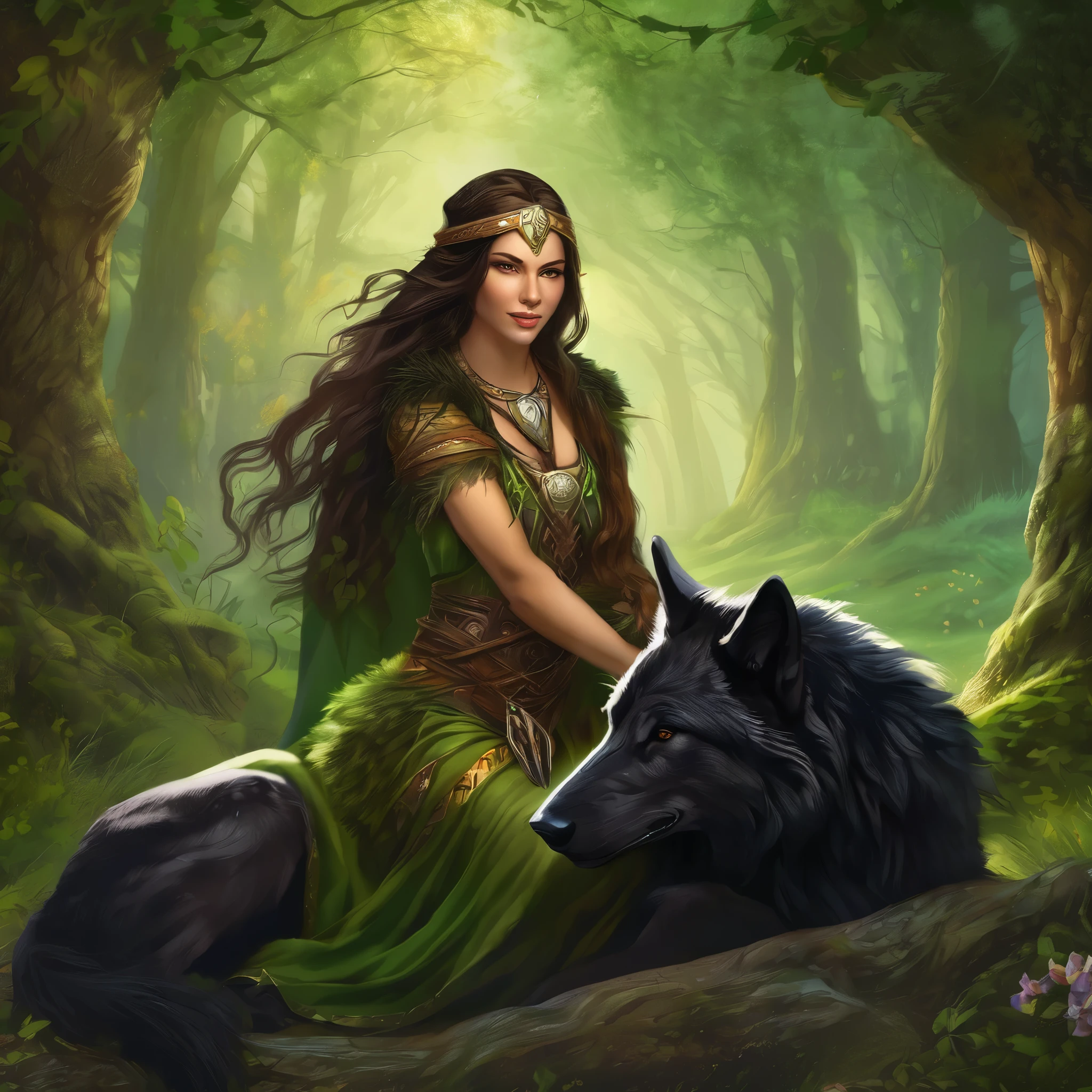 (Beautiful elf girl druid 1.3) holding a large black wolf in her arms (Background&#39;Extremely detailed Unity 8k CG display, head of&#39;artwork, best quality, ultra-detailed, beautiful bright and detailed eyes:1.2), better lighting, (best shadow, an extremely delicate and beautiful, floraison, iridescent), head of&#39;artwork, best quality:1.1, realistic:1.3, Cinematic lighting:1.2, on a sunny cliff:1.5, ultra photorealistic, photorealistic:1.0, sharpness:1.1, depth of ﬁeld:1.1, 50mm, Hasselblad X1D II, Door 160