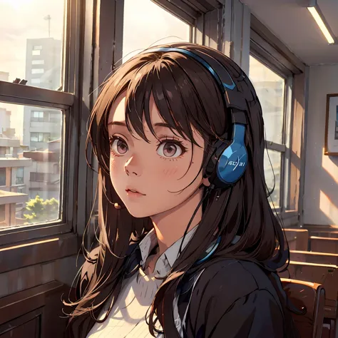 optimal，masterpiece，high resolution，highest quality，a warm room。a beautiful woman looking out the window。wearing one headphone。i...