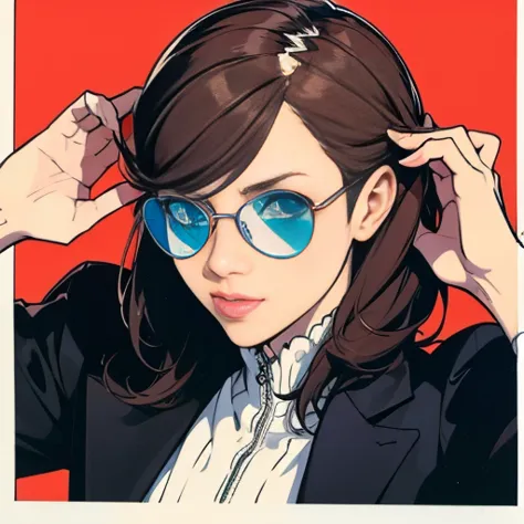 only one sunglasses, a girl with sunglasses perched on her head,