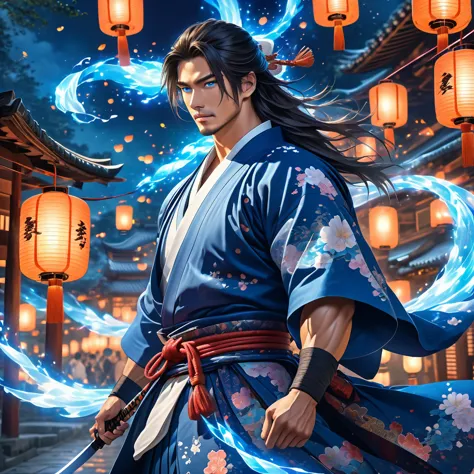 one realistic samurai male with blue eyes and muscular body with long hair in ancient attire, magical aura emitting magic,  flyi...