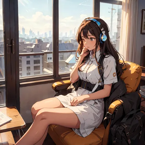 optimal，masterpiece，high resolution，highest quality，a warm room。a beautiful woman looking out the window。wearing one headphone。i...