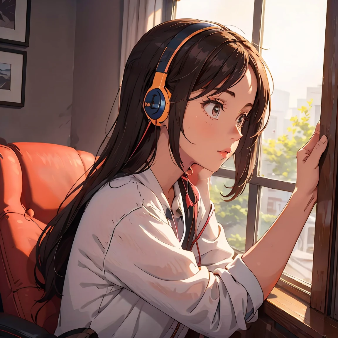 Optimal，masterpiece，High resolution，Highest quality，A warm room。A beautiful woman looking out the window。Wearing one headphone。It&#39;s night outside。Clothes are hoodies。profile