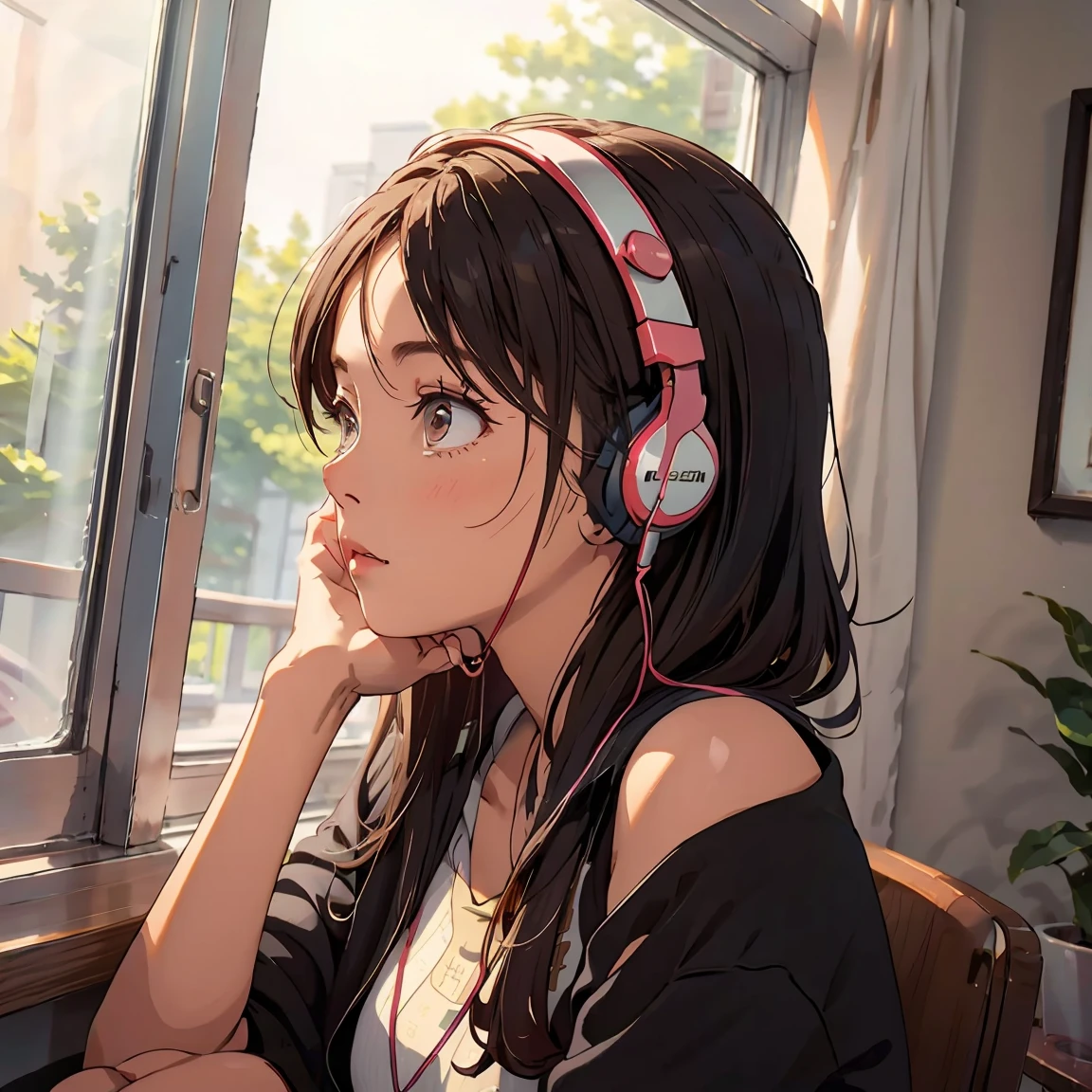 Optimal，masterpiece，High resolution，Highest quality，A warm room。A beautiful woman looking out the window。Wearing one headphone。It&#39;s night outside。Clothes are hoodies。profile