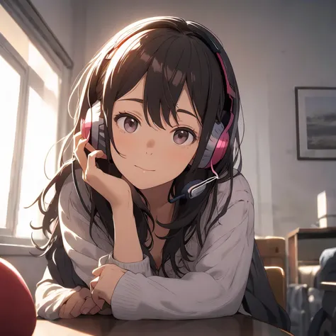 optimal，masterpiece，high resolution，highest quality，a warm room。a beautiful woman looking out the window。wearing one headphone。i...