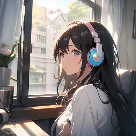 optimal，masterpiece，high resolution，highest quality，a warm room。a beautiful woman looking out the window。wearing one headphone。i...