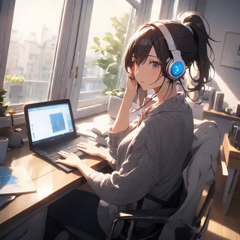 optimal，masterpiece，high resolution，highest quality，a warm room。a beautiful woman looking out the window。wearing one headphone。i...