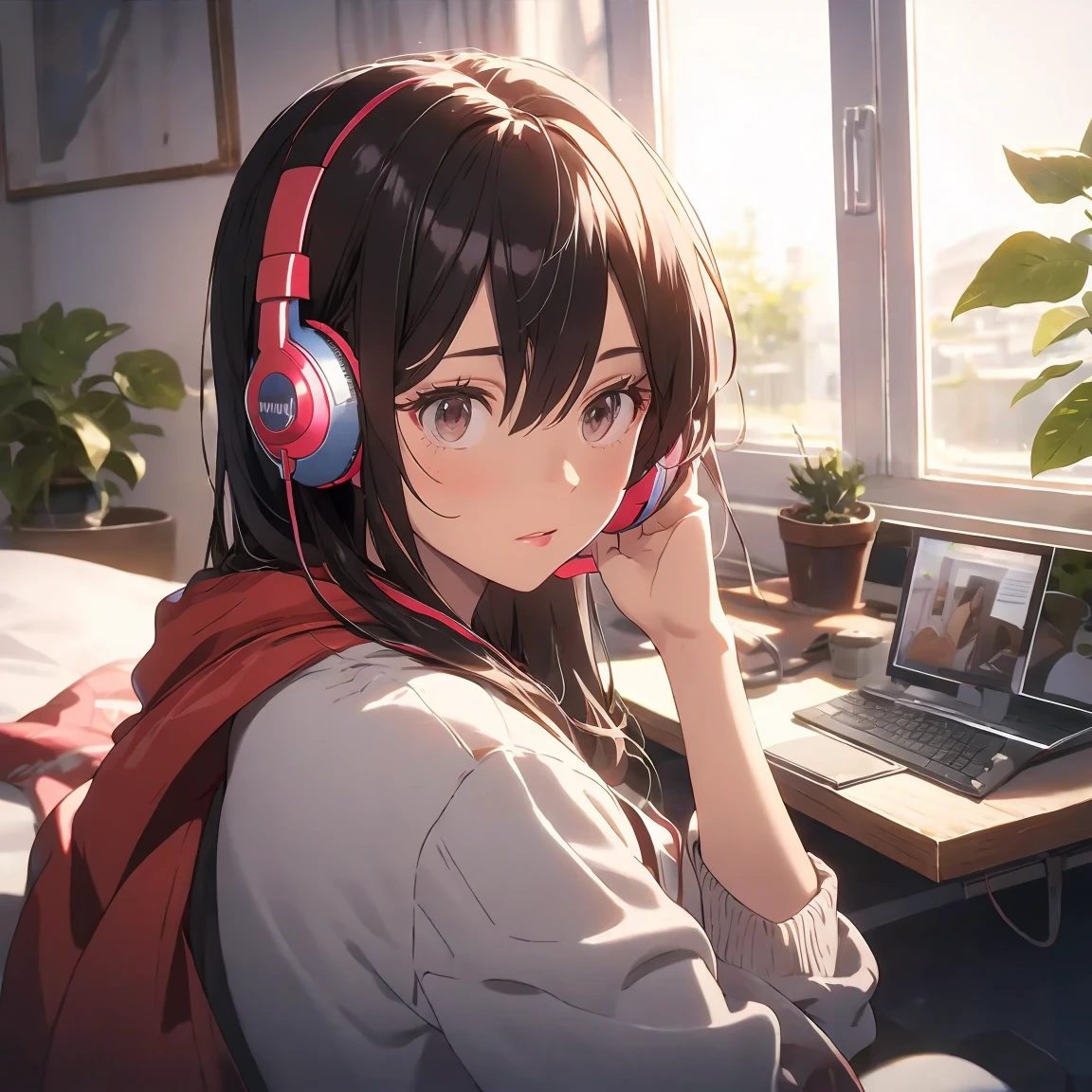 Optimal，masterpiece，High resolution，Highest quality，A warm room。A beautiful woman looking out the window。Wearing one headphone。It&#39;s night outside。Clothes are hoodies。profile