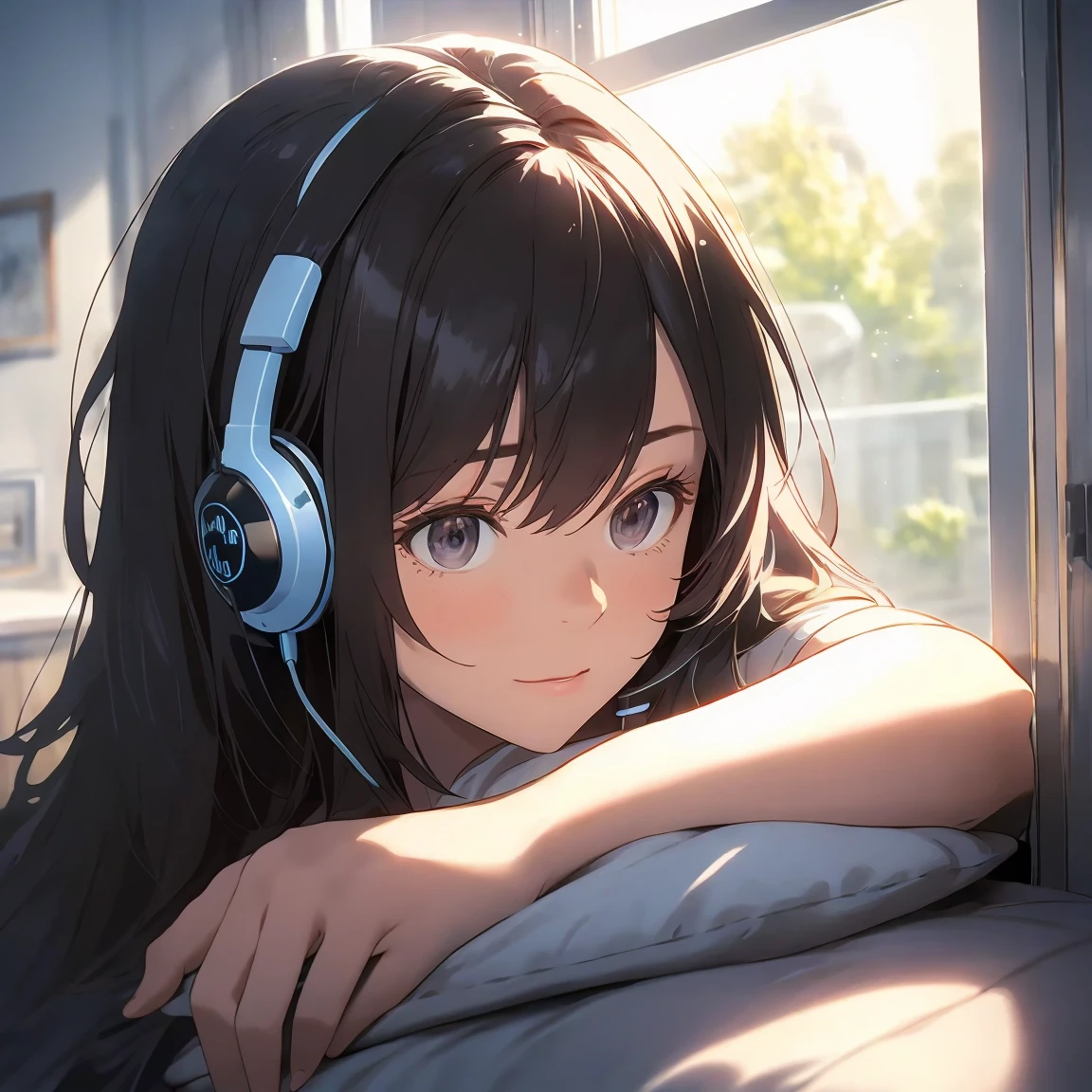 Optimal，masterpiece，High resolution，Highest quality，A warm room。A beautiful woman looking out the window。Wearing one headphone。It&#39;s night outside。Clothes are hoodies。profile