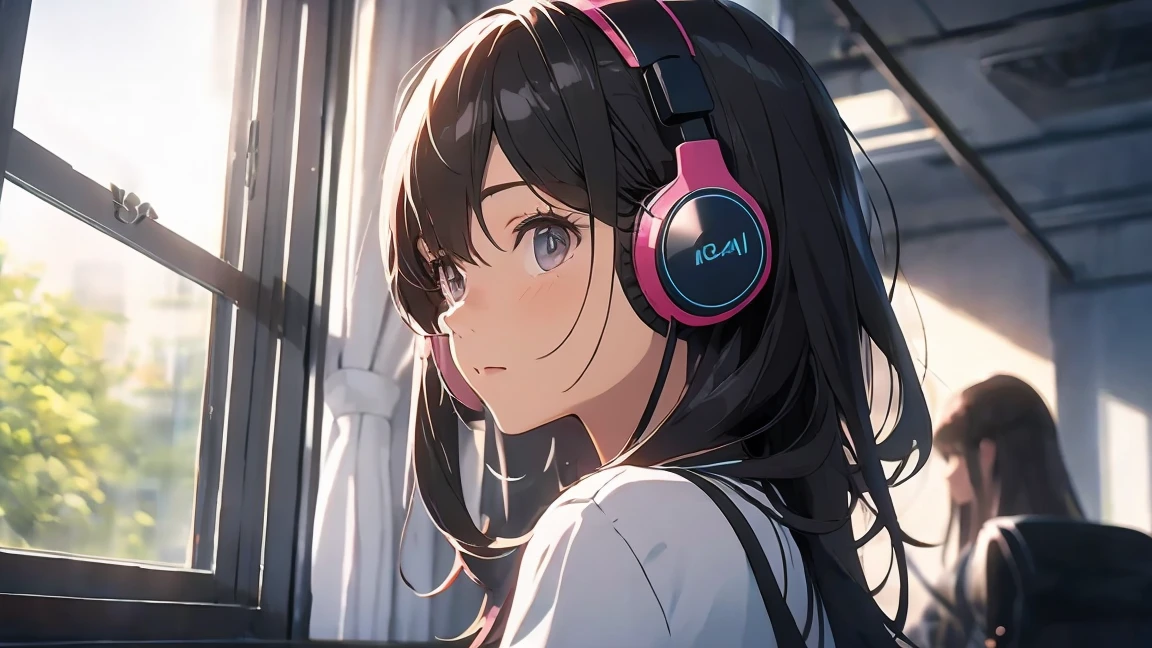 Optimal，masterpiece，High resolution，Highest quality，A warm room。A beautiful woman looking out the window。Wearing one headphone。It&#39;s night outside。Clothes are hoodies。profile