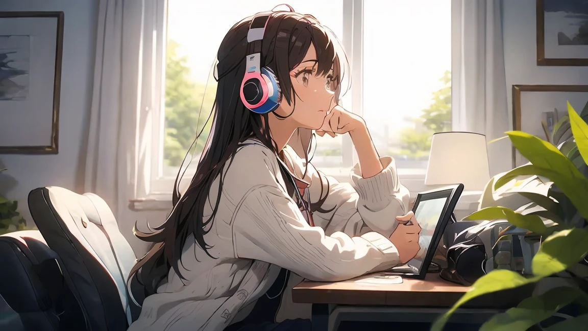 Optimal，masterpiece，High resolution，Highest quality，A warm room。A beautiful woman looking out the window。Wearing one headphone。It&#39;s night outside。Clothes are hoodies。profile