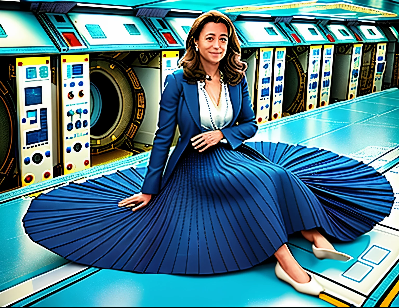 85mm photograph of a Shy, Compassionate, kind, empathic, happy, long haired, beautiful and attractive woman, Sapphic Space Lesbian Kamala Harris is fixing spaceships, lifting skirts, exploring space, investigating anomalies, doing scientific R&D, attending council meetings, conducting espionage, conducting archeological excavations, investigating astral rifts, wearing her (long pleated full circle skirt), uniform jacket and (woman's low heel office shoes), (pronounced (feminine) features), (very windy), skirt is flowing wildly in the wind, lesbian space station, sci-fi, skirts in space, loves women wearing skirts, wants to kiss girls, adores skirts, women wearing skirts, empathy, compassion, romance and love, (pronounced (girly) features), (highly detailed ultra accurate realistic) hands and fingers, (windy), epic composition, highly detailed attributes, (35mm f1.4 Kodak portra 400 photograph), extremely high quality RAW photograph, highly detailed atmosphere, sci-fi, cinematic shot, dynamic lighting, 75mm, Technicolor, Panavision, cinemascope, sharp focus, fine details, 8k, HDR, realism, realistic, key visual, film still, superb cinematic color grading, depth of field 