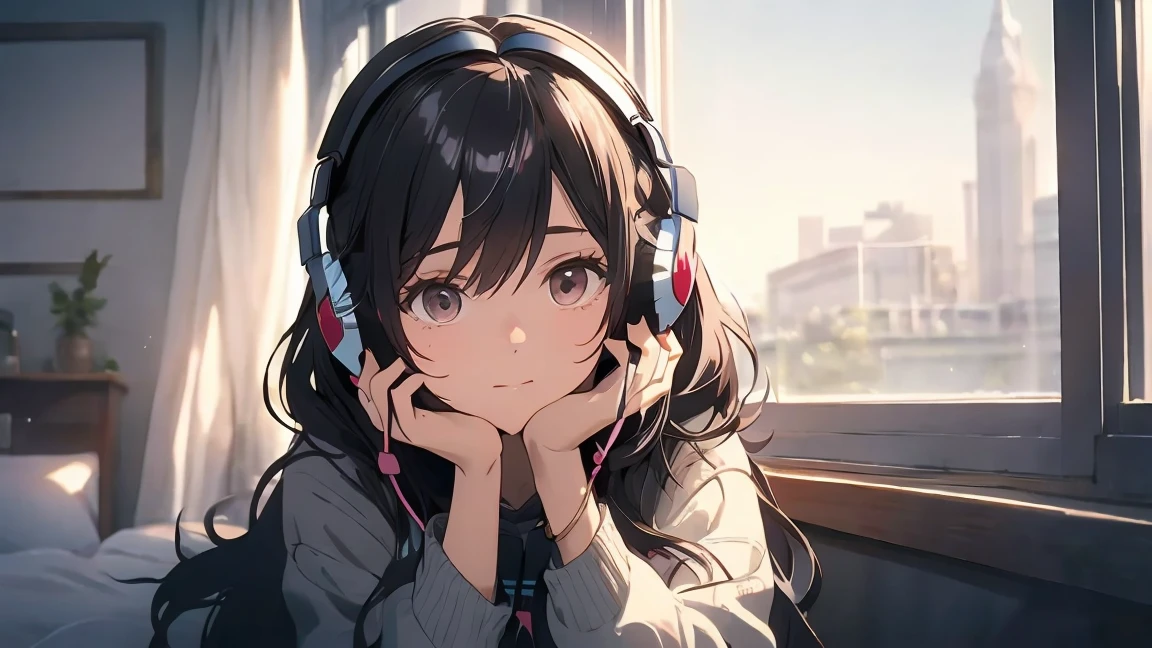 Optimal，masterpiece，High resolution，Highest quality，A warm room。A beautiful woman looking out the window。Wearing one headphone。It&#39;s night outside。Clothes are hoodies。profile。LOFI is written in the upper right corner.