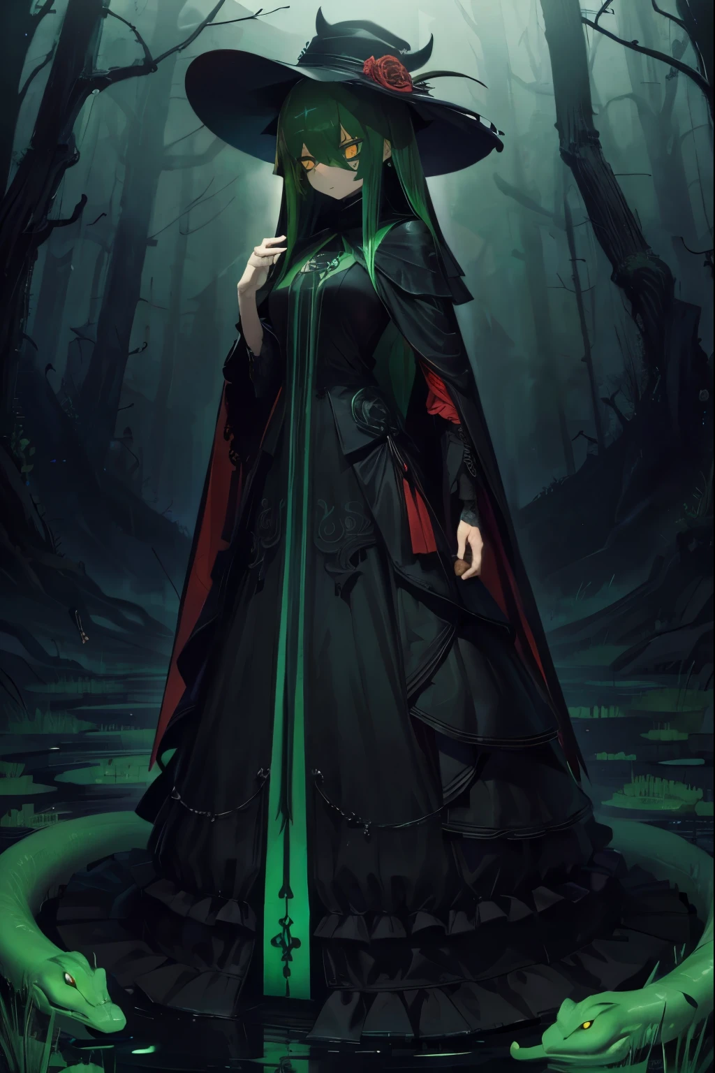 Highest quality, masterpiece, Ultra-high resolution, One Mature Woman,slender,Corpse Pile々,The sin of jealousy,noble,snake motif,Amber Eyes,Jade-colored hair,tall,Vantablack mourning dress,black swamp,Wide-brimmed hat,Face Veil,tall