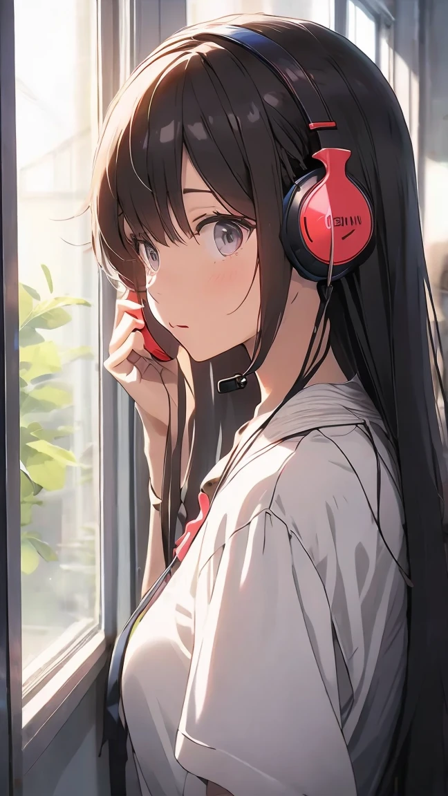 Optimal，masterpiece，High resolution，Highest quality，A warm room。A beautiful woman looking out the window。Wearing one headphone。It&#39;s night outside。Clothes are hoodies。profile。LOFI is written in the upper right corner.