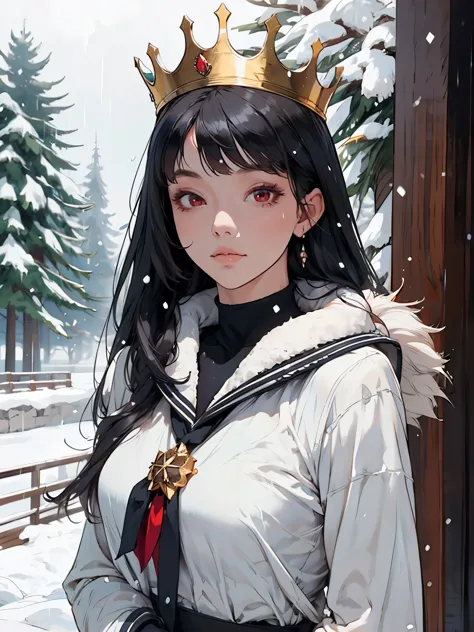 1girl, long straight hair, bangs, snow rain, snow falls, winter dress, fur-trimmed, sailor collar, detailed face, looking at vie...