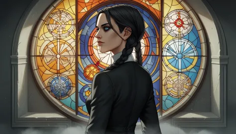 score_9, score_8_up, score_7_up, score_6_up,source_anime,anime 2d, beautiful wednesday addams in a gothic mansion, color stained...