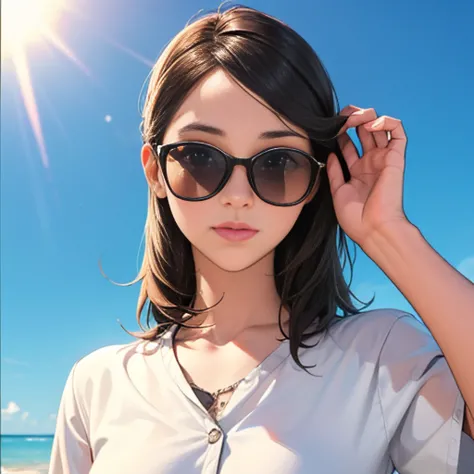 , a girl , , putting:1.5 on sunglasses