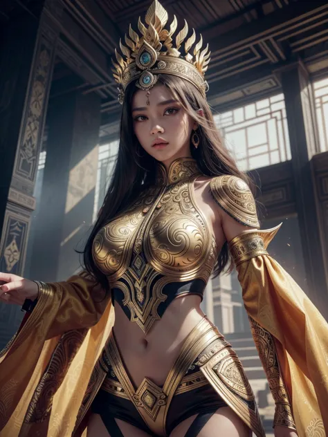 an indonesian-styled sexy futuristic suit without pants worn by a beautiful teenage girl with crown on the head. depicting cultu...