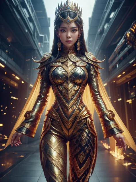 an indonesian-styled sexy futuristic suit without pants worn by a beautiful teenage girl with crown on the head. depicting cultu...