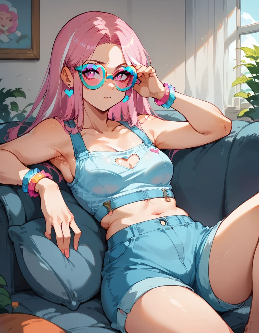 a girl with long pink hair and white streaks, vibrant pink eyes and small breasts. She wears a pink and blue outfit, next to a blue heart earring, colorful bracelets and purple lens glasses, Her outfit is cute and short, But provocative and inviting, short rosa, light blue top , Showing her breasts as she stretches on the living room couch, resting her cheek on her hand and elbow resting on the sofa. She smiles annoyingly and mischievously, Her breasts almost on display.  long hair, pink hair with white highlights