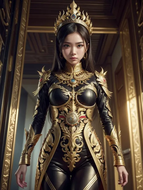 an indonesian-styled sexy futuristic suit without pants worn by a beautiful teenage girl with crown on the head. depicting cultu...