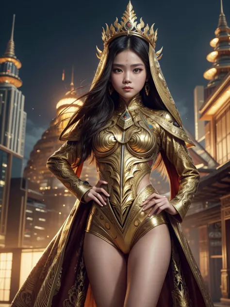 an indonesian-styled sexy futuristic suit without pants worn by a beautiful teenage girl with crown on the head. depicting cultu...