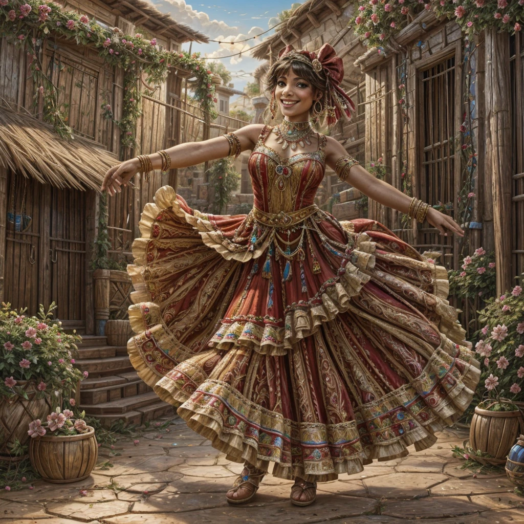 a beautiful gypsy, in her village, charismatic smile, playing a tambourine and dancing, with a dress decorated with several ribbons