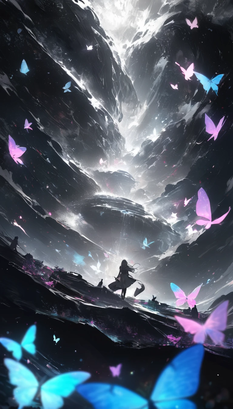 Transformative journey illustrated by a winding path, starting in grayscale and gradually becoming vibrant and colorful, symbolic butterflies, uplifting scene