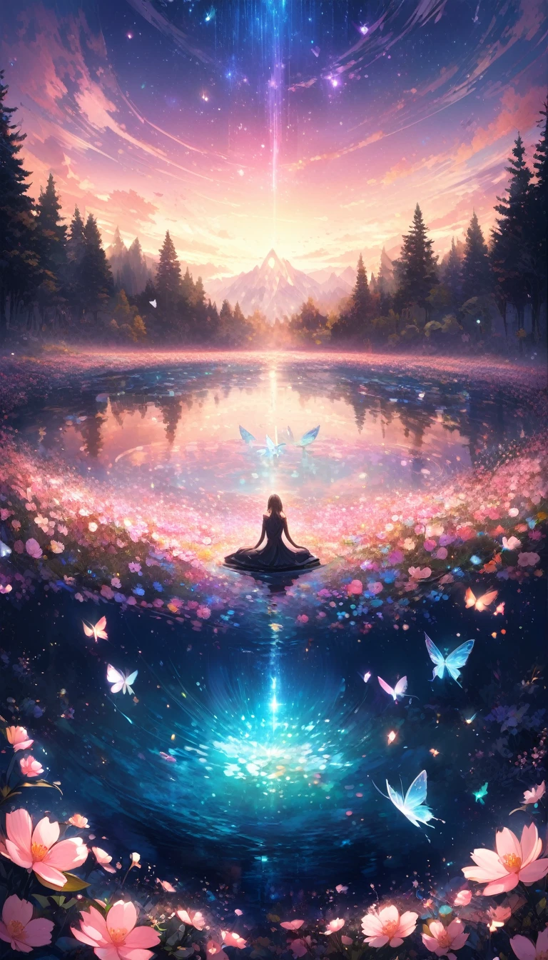 Enchanting twilight panorama, meditating figures, symmetrical water reflections, luminous insects, glitter, beautiful flower fields, beautiful dancing butterflies, astral visuals, blooming cherry blossoms, dreamy textures, highly detailed illustrations