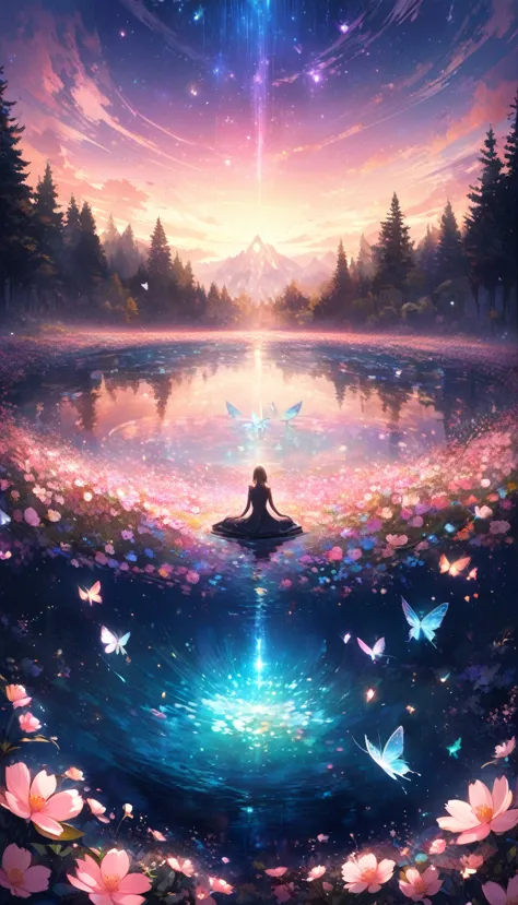 enchanting twilight panorama, meditating figures, symmetrical water reflections, luminous insects, glitter, beautiful flower fie...