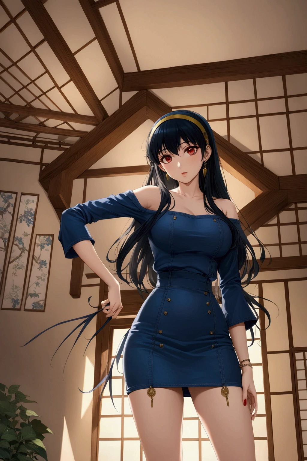 realistic anime illustration of yor_briar, (black long hair, blue ribbon hairband, gold earrings), standing and arm akimbo at her house, she wears blue tiny checkered 3/4 sleeve off-shoulder, dark prussian-blue denim pencil mini skirt, (1girl, solo, full body), (masterpiece, best quality, japanese anime style), (expressive eyes, perfect face)