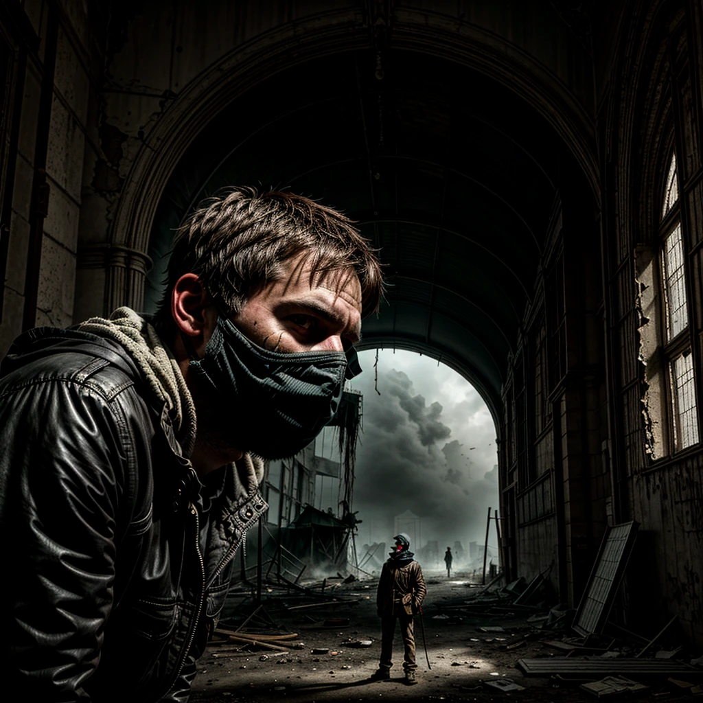 A man in a dark, dystopian landscape, portant une combinaison de protection contre les matières dangereuses en lambeaux et usée, his face masked by a cracked and damaged mask. The environment is barren and desolate, avec une palette de couleurs ternes et sourdes et un sentiment d’oppression et de décadence. The figure is hunched and weary, surrounded by the remnants of a failed technological civilization. The scene conveys a sense of despair and a lack of humanity, the figure trapped in a world fallen into ruin. 