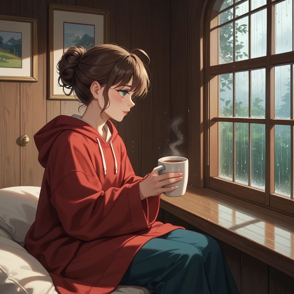 A cozy and serene indoor scene on a rainy day. The view is from inside a warm, comfortable room with soft lighting. Raindrops are gently tapping against the window, creating a calming rhythm. A person is sitting by the window, wrapped in a soft blanket, holding a warm mug of tea. Outside, the rain falls steadily, creating a peaceful atmosphere. The room is filled with soft, warm colors, and there might be a few candles flickering in the background. The overall mood is tranquil and comforting, capturing the essence of a quiet, rainy day spent indoors, with the sound of rain providing a soothing backdrop