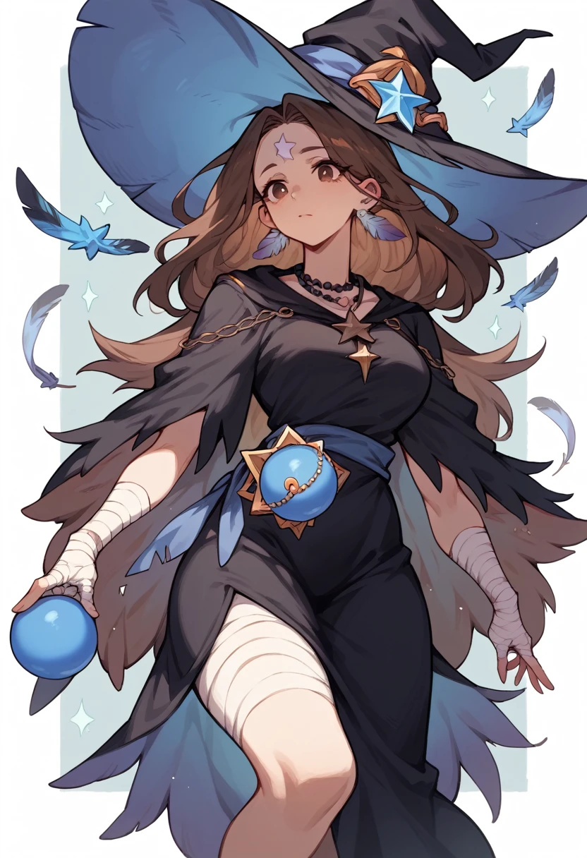 mature woman, brown hair(falling on the face), long witch hat with feathers ,brown eyes, long black dress with blue stripes ,blue star necklace, white stripe on the forehead  ,bandages on the forehead  blue ball earrig,black stripe ,rpg style