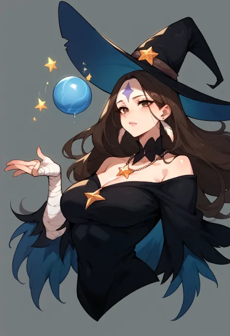 mature woman, brown hair(falling on the face), long witch hat with feathers ,brown eyes, long black dress with blue stripes ,blu...