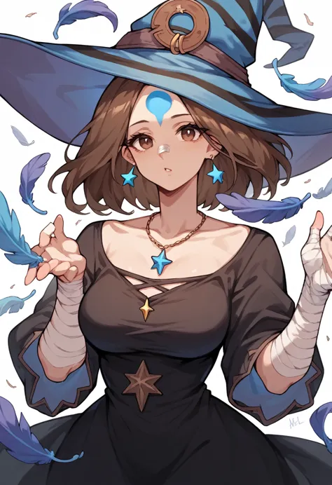 mature woman, brown hair(falling on the face), long witch hat with feathers ,brown eyes, long black dress with blue stripes ,blu...