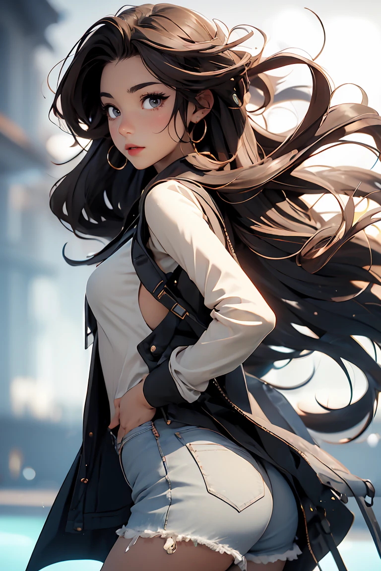 Create a 3D model of a female character with a modern, sexy, and anime-inspired design. The character should have a stylized body with defined curves and a youthful appearance. She should be wearing a futuristic outfit with elements that highlight her figure, like a fitted top and shorts or a sleek bodysuit. The character should have long, flowing hair and big, expressive eyes typical of anime. The pose should be a T-pose, with views from the front, side, and back. The overall aesthetic should be sleek, attractive, and visually appealing, with attention to proportions and details that align with anime-style characters.