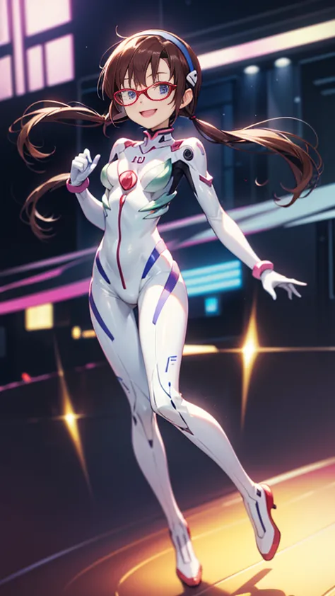 ((full body)),mari makinami, blue eyes, brown hair, glasses, head band, twin tails,bodysuits, ピンクのbodysuits, plug suit,
laughter