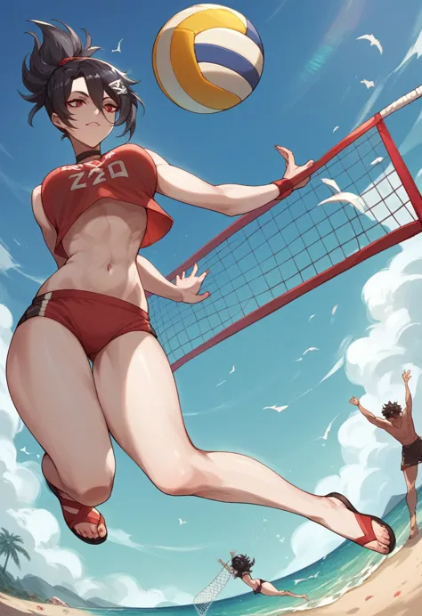 grace howard, character from game zenless zone zero, black hair, red eyes, playing volleyball on the beach, jumping to hit the b...