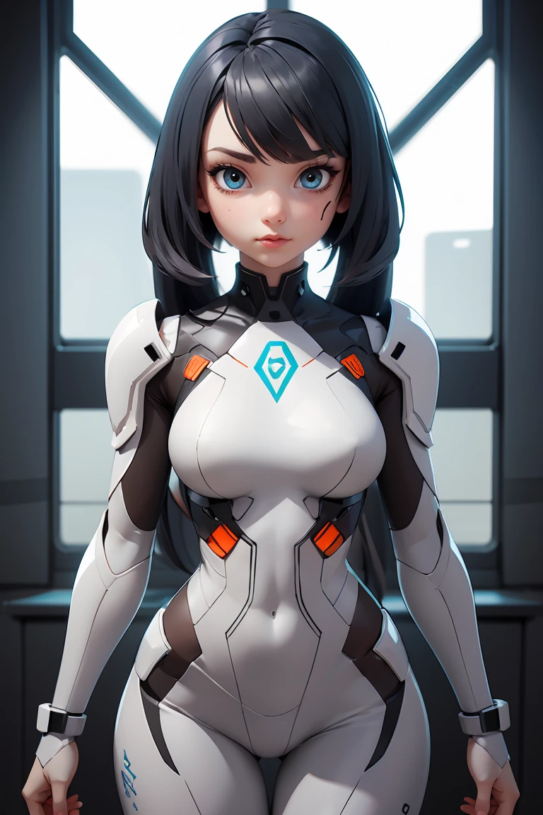 Generate a 3D model of a female character with a modern and sleek anime-inspired design. The character should be in a T-pose with detailed mesh modeling, ready for animation or rigging. Focus on realistic proportions but with an exaggerated, stylized touch typical of anime. The character should have a defined hourglass figure, with an outfit that is both futuristic and form-fitting, like a bodysuit or advanced armor that highlights her curves. Include detailed facial features with large, expressive eyes and a complex hairstyle, possibly long and flowing. The overall aesthetic should be clean, sharp, and visually captivating, suitable for use in high-quality 3D animations or games.