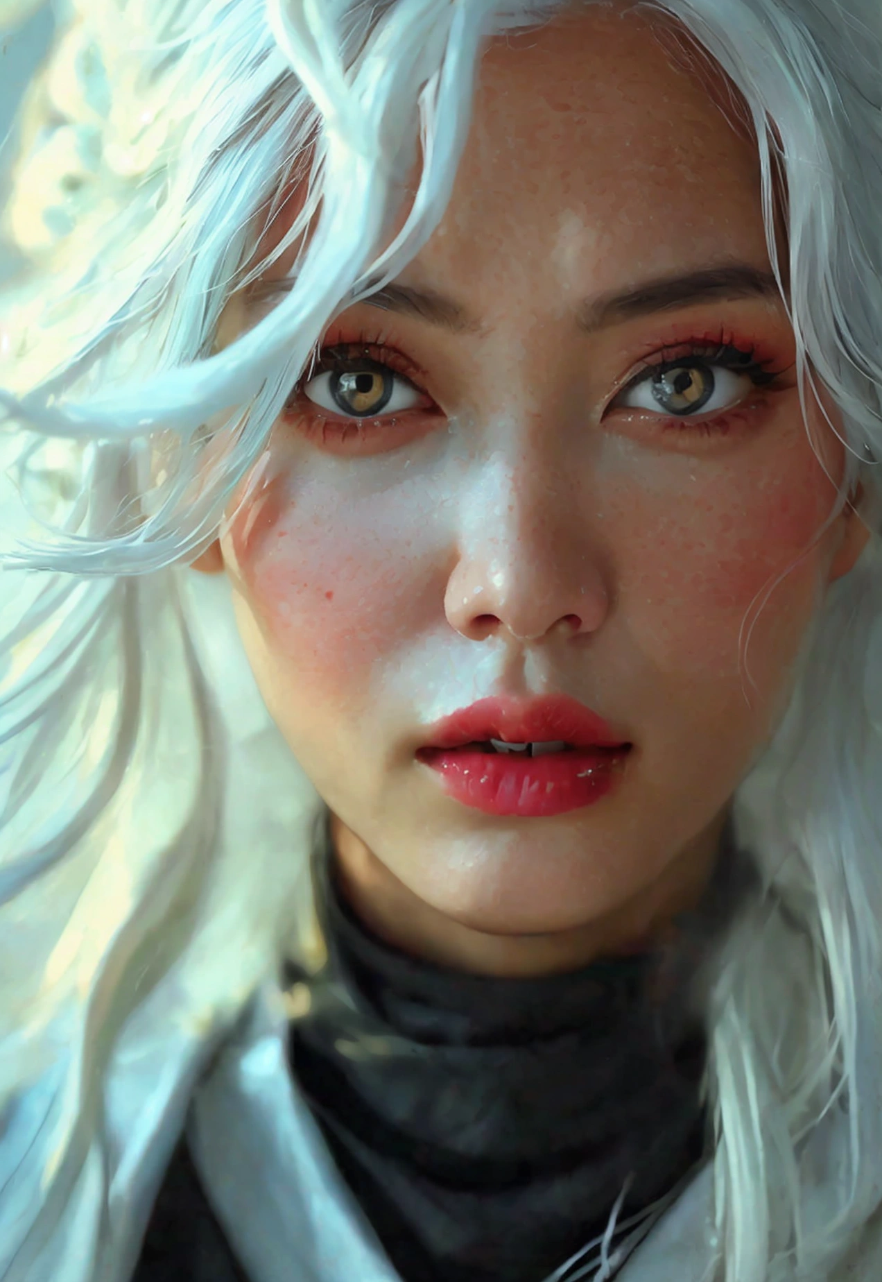 Woman with pastel WHITE hair, SLEEPY eyes with red ninja clothes PERFECT IMAGE