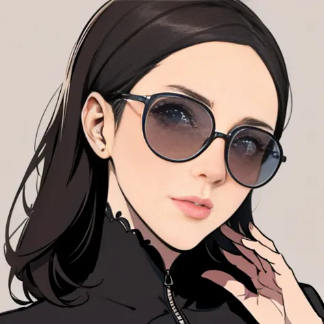 a girl with one sunglasses perched high on her forehead, above the hairline, no sunglasses on face, detailed facial features