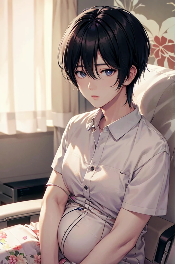  pixie style cut black hair, in a hospital room, a very pregnant male, sitting in the hospital bed, looking out with a pained expression during labor, floral curtains adding warmth to the setting.,jinbts 