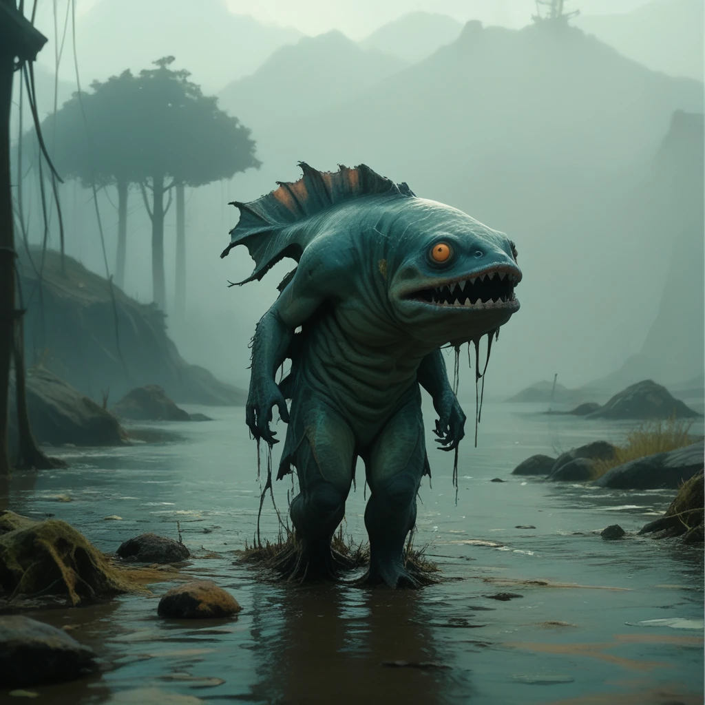 A fish creature walking through a muddy area, scary fish, scary sea monster, scary creature, swamp monster, realistic creature concept, monster ashore, from a 2 0 1 9 sci fi 8 k movie, aquatic creature, fish man, neil blomkamp film landscape, ps5 cinematic screen capture, the evil within monster, film still dnd