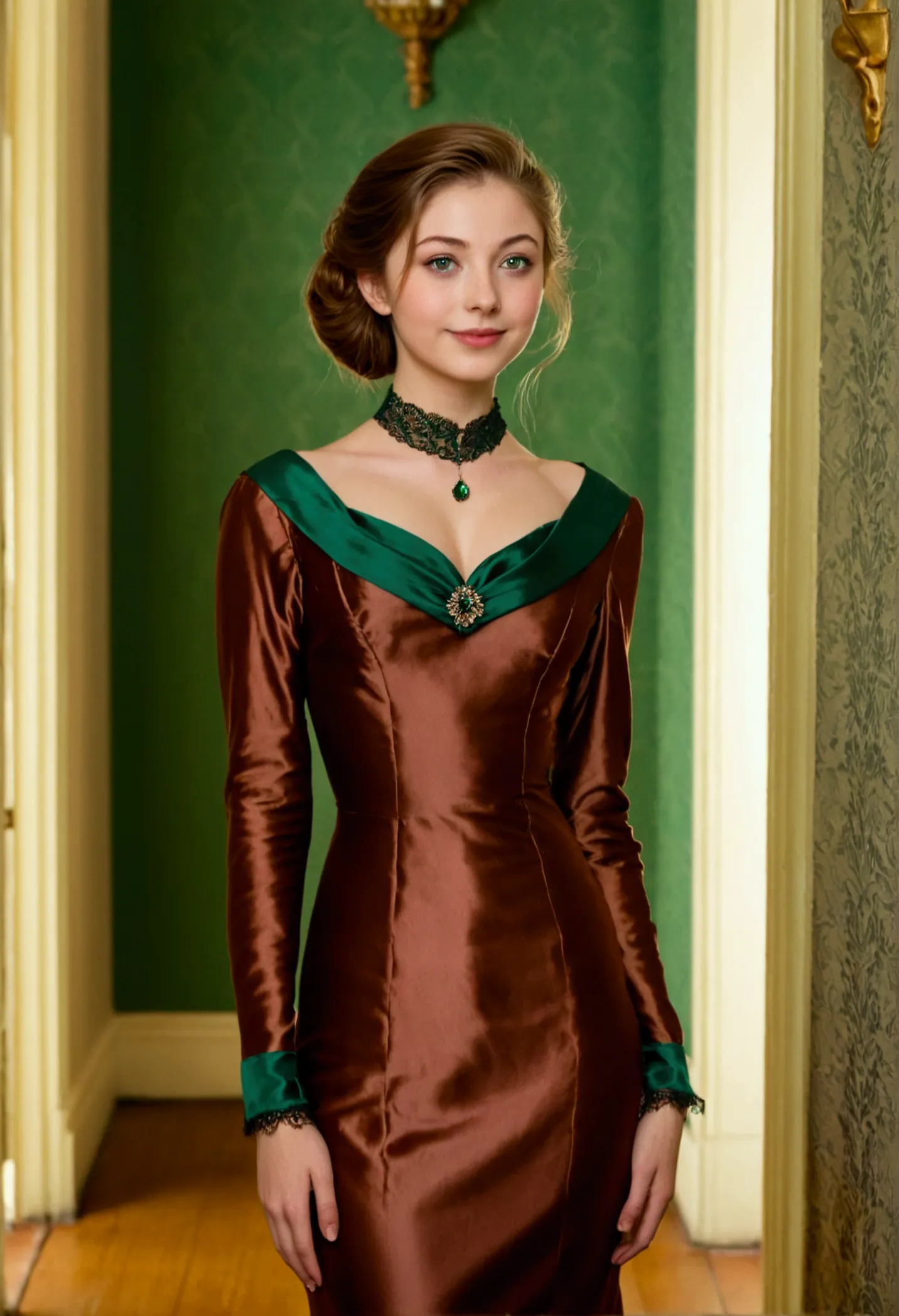 young, 20 years, a slender beautiful girl stands in the hallway of a victorian mansion. brown-haired, hair gathered, a sly fox-l...