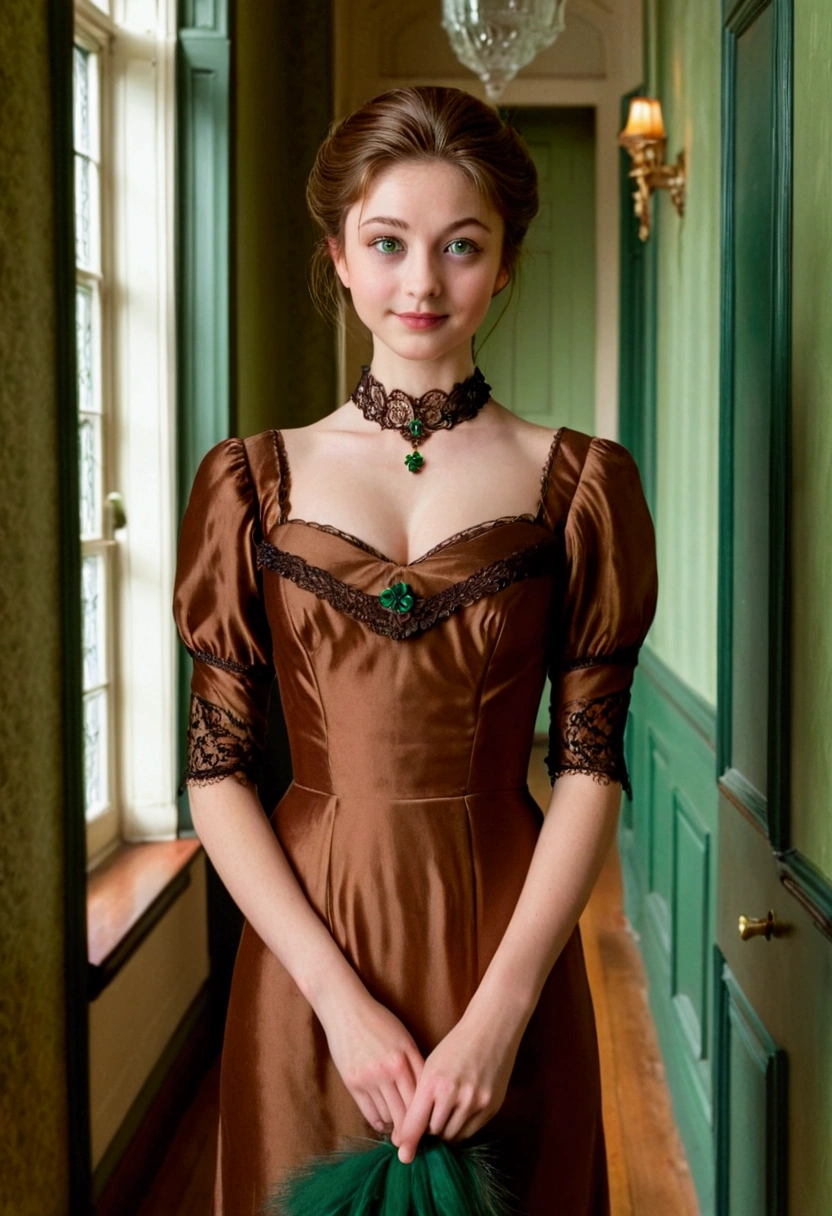 Young, 20 years, a slender beautiful girl stands in the hallway of a Victorian mansion. brown-haired, Hair gathered, a sly fox-like glance, Large, green eyes, Pointed nose, plump lips. Dressed in a brown silk dress with a modest neckline. Looking straight ahead and smiling cunningly